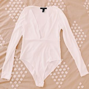 F21 White Plunging V-Neck Bodysuit